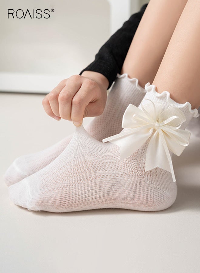roaiss Girls 3 Pairs Mid-Calf Socks, Comfortable Mesh Socks Set, Anti-pilling Soft Socks with Bowknots and Ruffled Design, Stylish Middle Tube Socks for Girls, Suitable for Summer - Image 4