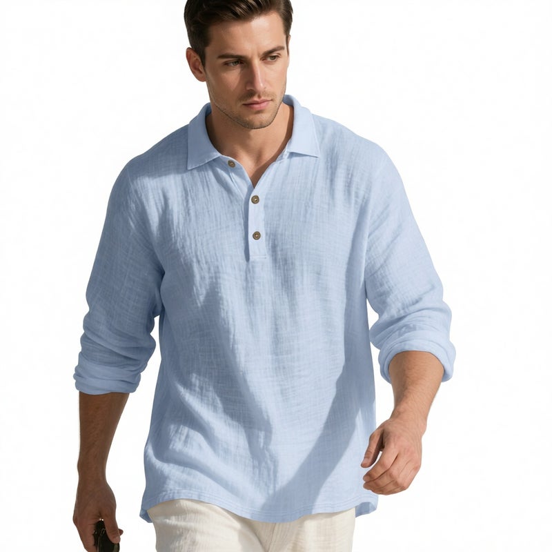 Men's Linen Long Sleeve Polo Shirt Casual Button Down Turn Collar Tunic