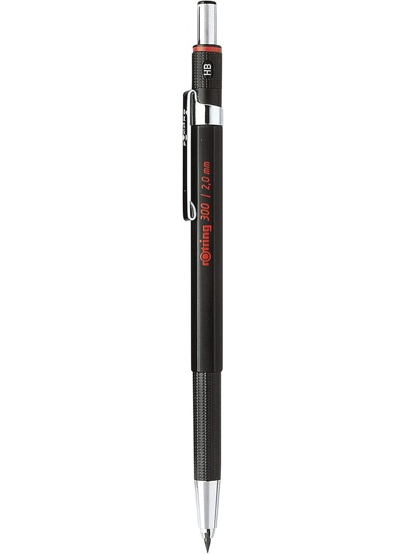 Rotring قلم رصاص ميكانيكي روتراينج 300 | 2.0 مم | قابل لإعادة التعبئة مع مبراة تحت الغطاء | أسود | 1 قطعة - Image 1