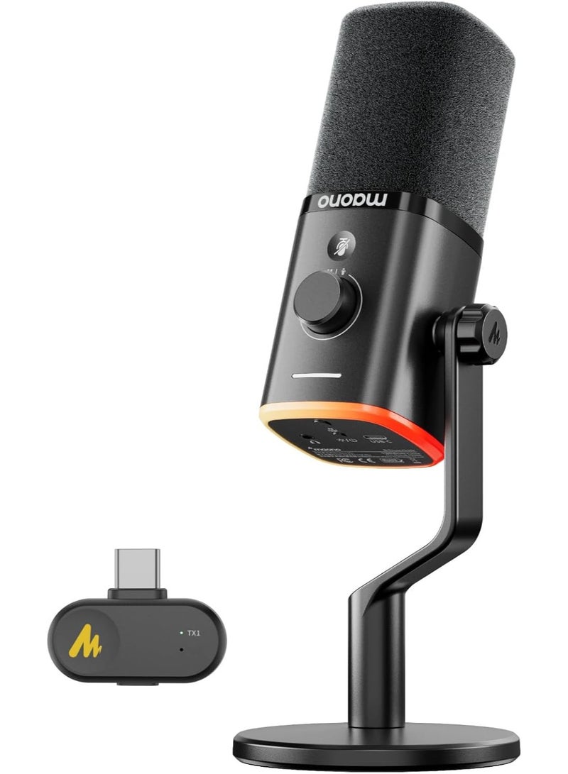 ماونو ميكروفون Maono PD100W اللاسلكي USB – ميكروفون ديناميكي Plug And Play مع اتصال لاسلكي وتقليل الضوضاء وصوت واضح للبث والبودكاست والألعاب - Image 1
