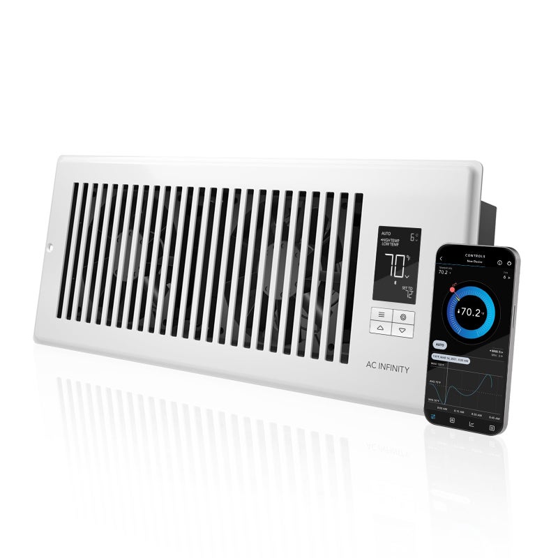 مروحة تعزيز السجل AC Infinity AIRTAP T4 البيضاء لفتحات السجل 4 × 12 تحسن التدفئة وتبريد الفتحات هادئة 10 سرعات تحكم عبر تطبيق بلوتوث تنبيهات البيانات