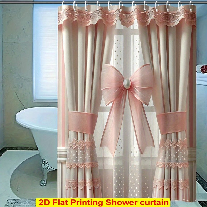 Elegant Pink Bow 2D Flat Printing Shower Curtain 1pc For Bathroom With 12 Plastic Hooks And Metal Grommets Durable Bath Curtain Partition For Bathtub 70.8x70.8 Inches - Image 3