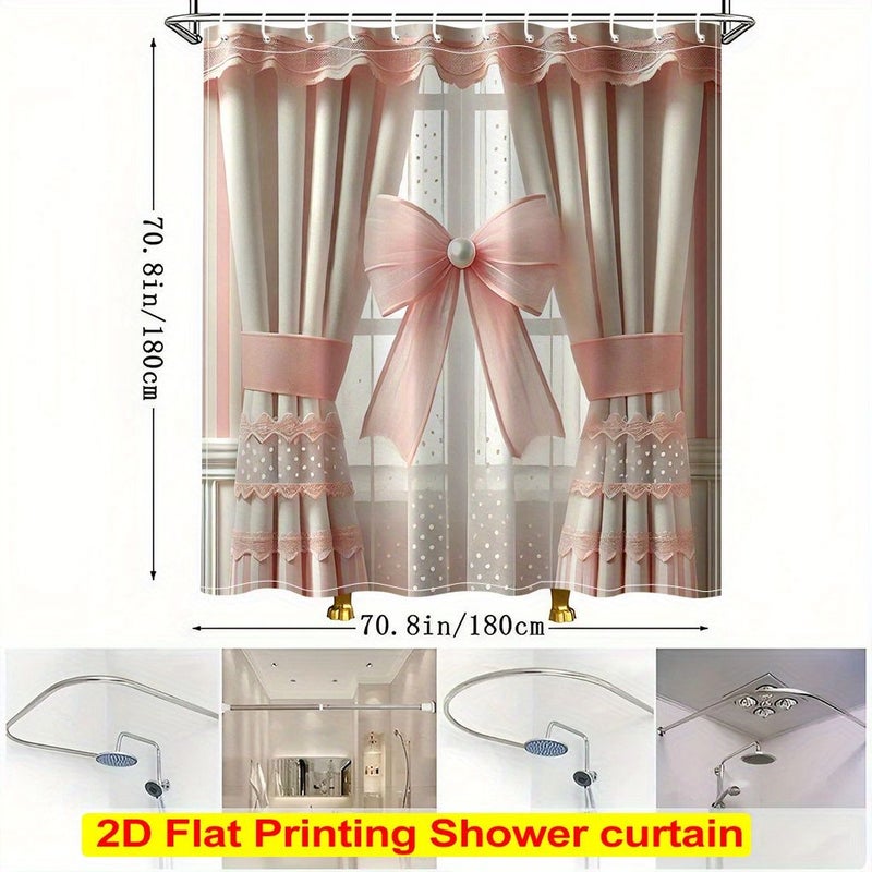 Elegant Pink Bow 2D Flat Printing Shower Curtain 1pc For Bathroom With 12 Plastic Hooks And Metal Grommets Durable Bath Curtain Partition For Bathtub 70.8x70.8 Inches - Image 2