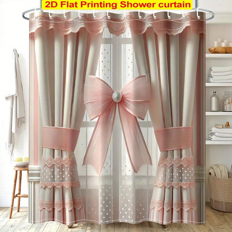 Elegant Pink Bow 2D Flat Printing Shower Curtain 1pc For Bathroom With 12 Plastic Hooks And Metal Grommets Durable Bath Curtain Partition For Bathtub 70.8x70.8 Inches - Image 1