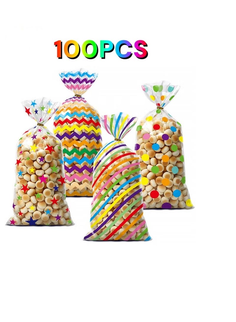 100 Pcs Colorful Cellophane Treat Bags, Five-pointed Star Stripes Printed Pattern Candy Favor Bags with Twist Ties, plastic birthday treats bags Party Favor Gift Wrapping Bags for Pride Day Baby Shower Birthday Party Supplies Cookie Cake Chocolate Candy Snack - Image 1