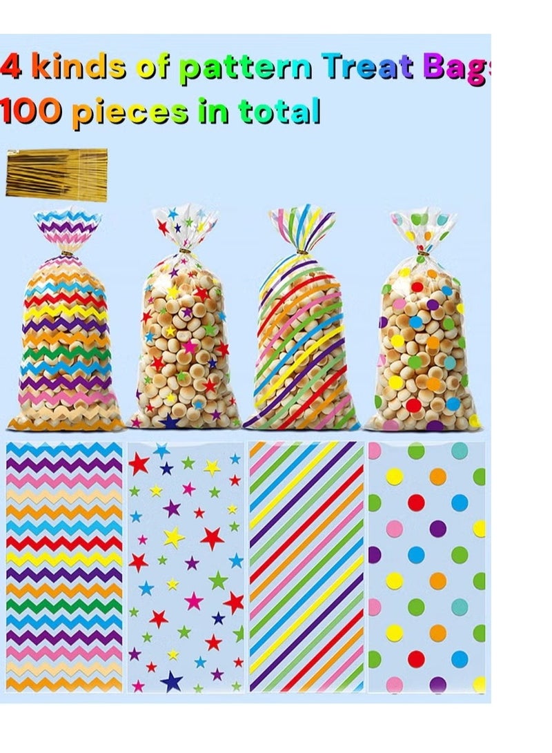 100 Pcs Colorful Cellophane Treat Bags, Five-pointed Star Stripes Printed Pattern Candy Favor Bags with Twist Ties, plastic birthday treats bags Party Favor Gift Wrapping Bags for Pride Day Baby Shower Birthday Party Supplies Cookie Cake Chocolate Candy Snack - Image 4