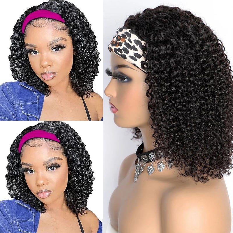 Feelgrace Water Wave Headband Wig Human Hair Glueless None Lace Headband Wig Brazilian Human Hair Machine Made Curly Wigs for Black Women Short Wigs Kinky Curly Weave 100 Unprocessed Hair 150 Density 12 Inch