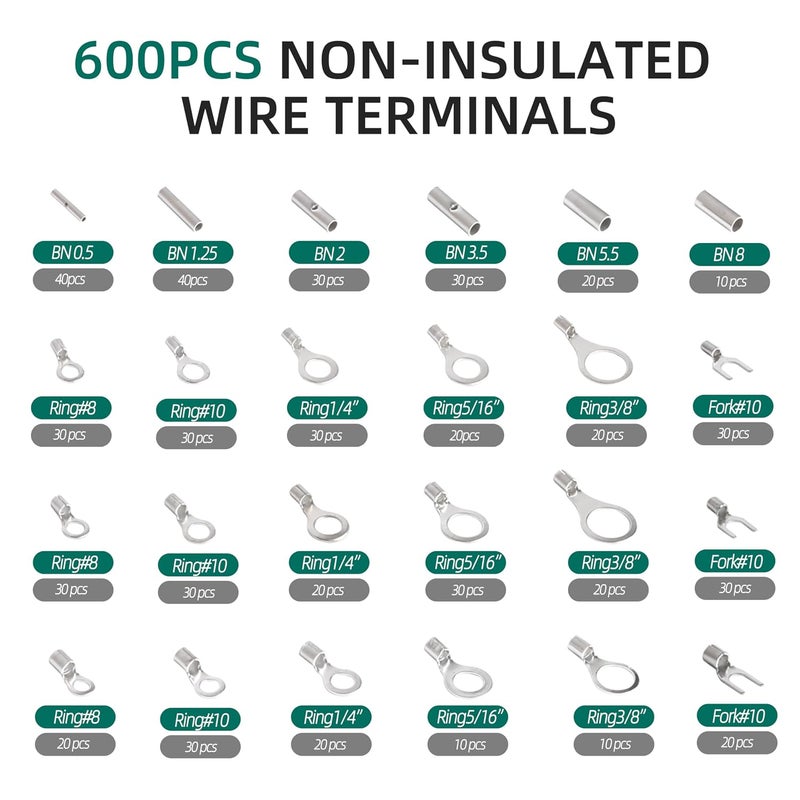 Riyhch Set of 600 Non-Insulated Ring Terminals, AWG 22-10 Seamless Non-Insulated Butt Splice Wire Terminals, Wire Crimp Connectors for Automotive, Household Electrical Wiring, Battery Cables, DIY Projects - Image 1