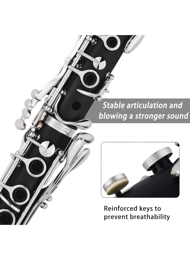VANPHY Bb Clarinet For Beginners Students B Flat Clarinet 17 Keys Clarinet with Case Stand Strap 2 Barrels 8 Mouthpiece Cushion White Gloves Cleaning Kit (Black)  - Image 3