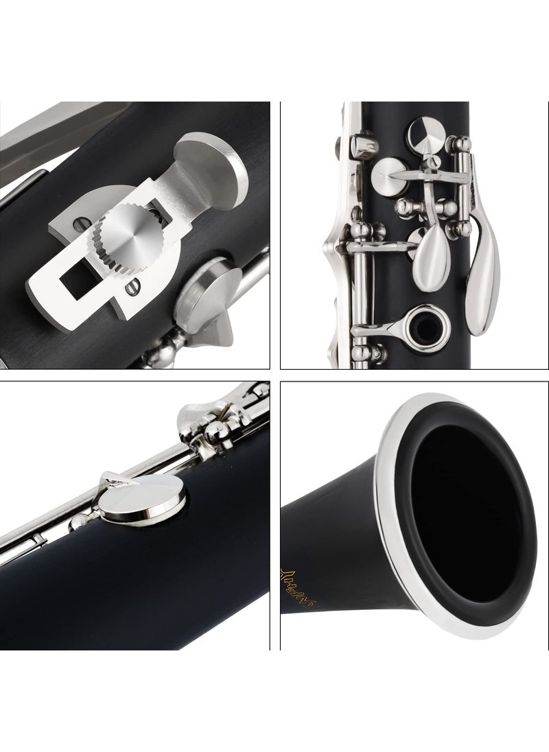VANPHY Bb Clarinet For Beginners Students B Flat Clarinet 17 Keys Clarinet with Case Stand Strap 2 Barrels 8 Mouthpiece Cushion White Gloves Cleaning Kit (Black)  - Image 4