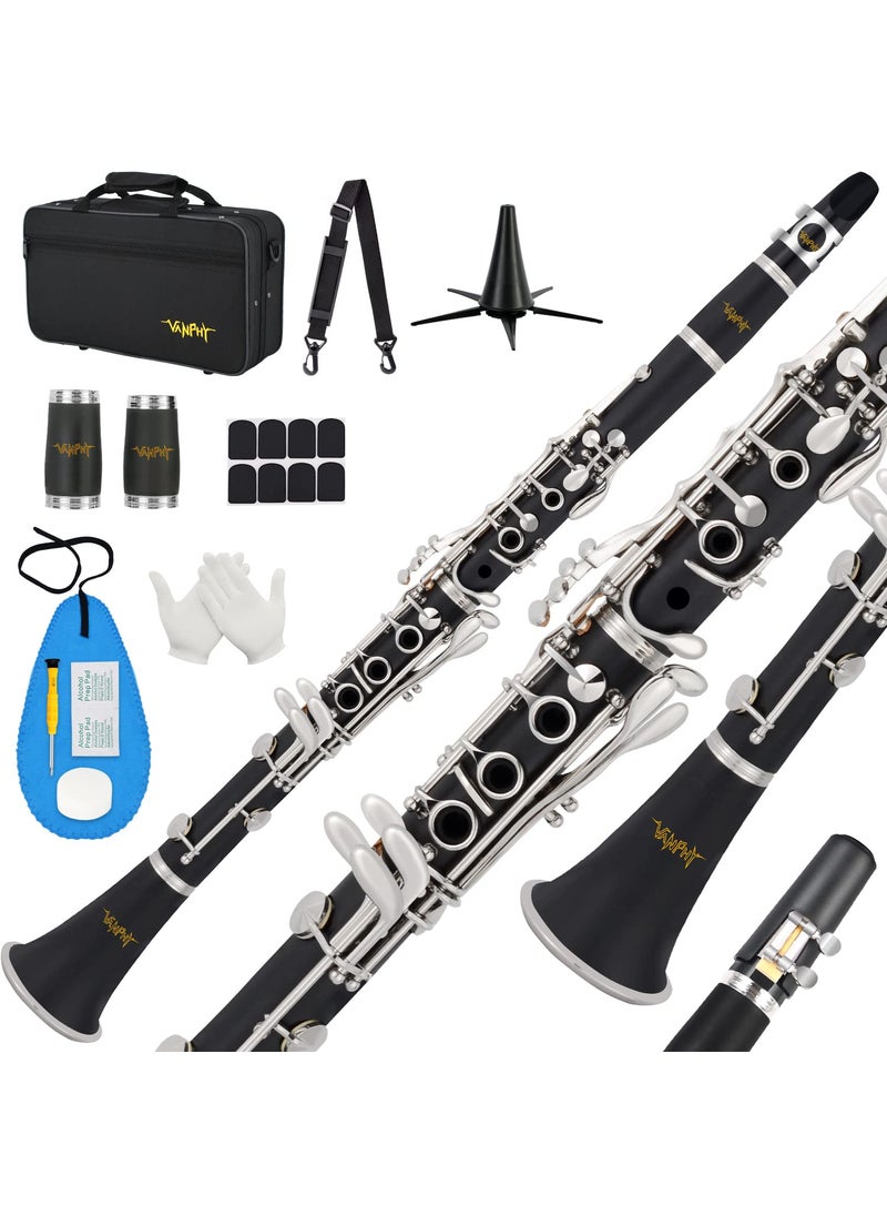 VANPHY Bb Clarinet For Beginners Students B Flat Clarinet 17 Keys Clarinet with Case Stand Strap 2 Barrels 8 Mouthpiece Cushion White Gloves Cleaning Kit (Black)  - Image 1