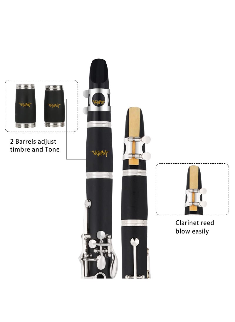 VANPHY Bb Clarinet For Beginners Students B Flat Clarinet 17 Keys Clarinet with Case Stand Strap 2 Barrels 8 Mouthpiece Cushion White Gloves Cleaning Kit (Black)  - Image 2