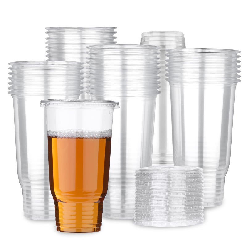 Hssugi 32 OZ Plastic Cups with Lids 60 Count Disposable Clear Cups for Dessert Ice Cream Cold Drinks as Iced Coffee Ice Soda