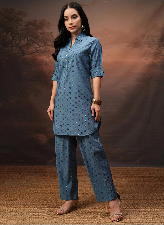 Vishudh Vishudh All-Over Print Collared Tunic and Palazzo Pants Set