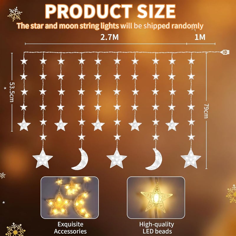 Pomefar Ramadan Decorations, 135 LED Star Moon Curtain Ramadan Lights,Window Curtain Fairy Lights for Home Outdoor - Image 4