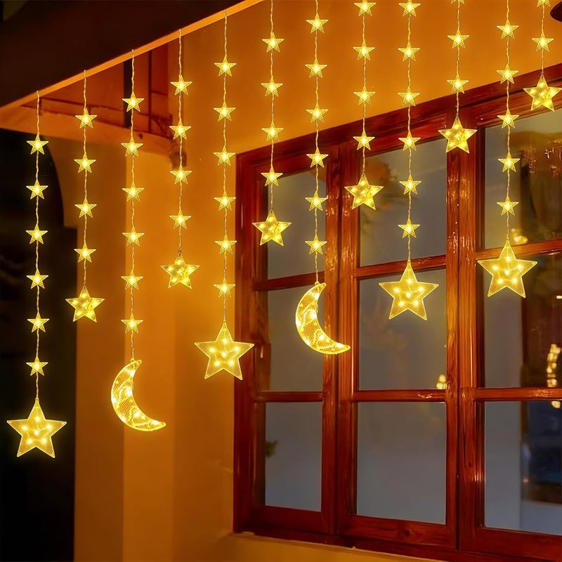 Pomefar Ramadan Decorations, 135 LED Star Moon Curtain Ramadan Lights,Window Curtain Fairy Lights for Home Outdoor - Image 2
