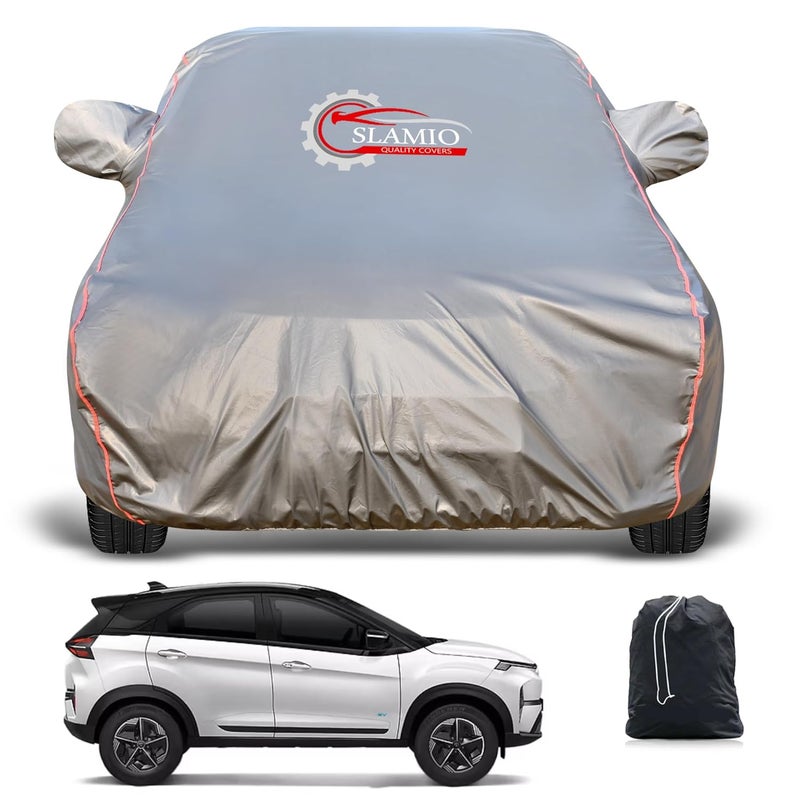 Slamio Heavy-Duty Car Body Cover for Tata Nexon EV (2020-2025) | Waterproof, Dustproof, UV Protection, Custom Fit, Heavy Belt & Buckle with Mirror & Antenna Pocket | Dark Grey - Image 1