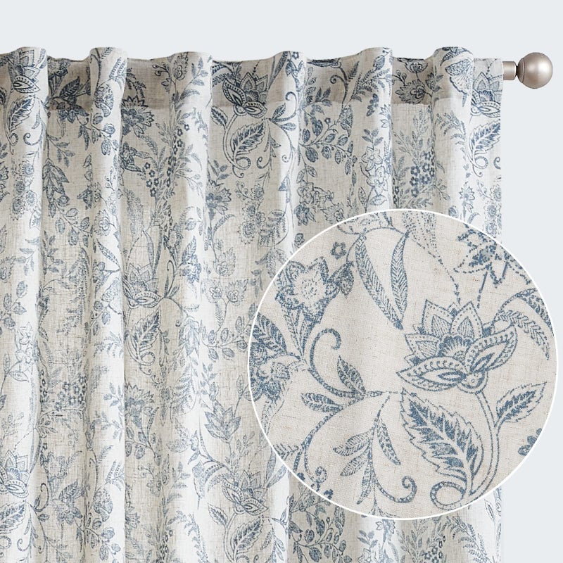 Vangao Vangao Blue Floral Linen Blend Curtains for Living Room 96 Inches Long Farmhouse Curtains for Bedroom Vintage Print on Beige Light Filtering Window Drapes Back Tab Rod Pocket 2 Panels 