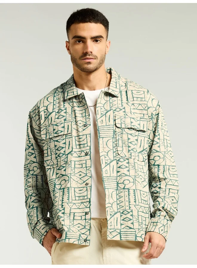 Beyoung Sea Green and Beige Abstract Print Shacket