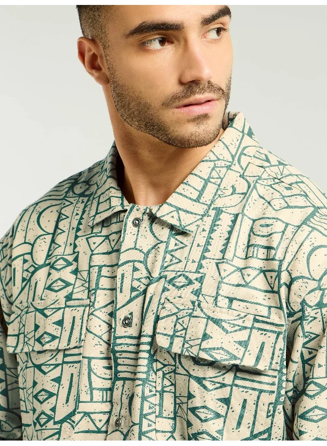Beyoung Sea Green and Beige Abstract Print Shacket