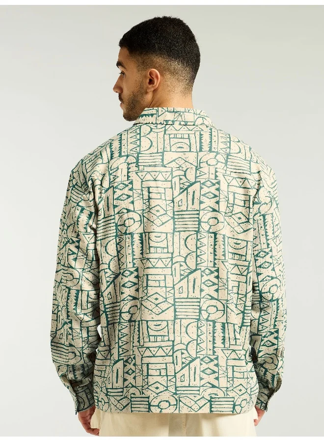 Beyoung Sea Green and Beige Abstract Print Shacket
