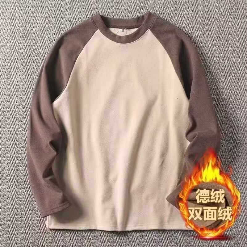 American Style Velvet Long-Sleeved T-Shirt Men'S Ins Fashion Brand Contrast Color Round Neck Warm Inner Wearing Base Shirt Top - Image 2