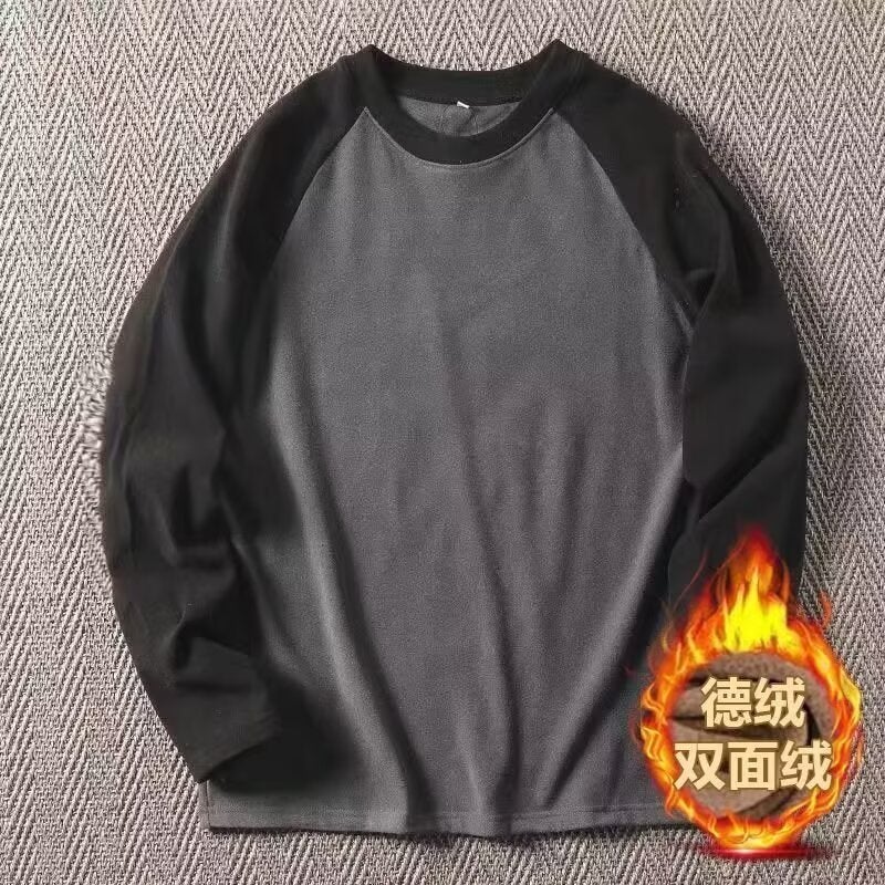 American Style Velvet Long-Sleeved T-Shirt Men'S Ins Fashion Brand Contrast Color Round Neck Warm Inner Wearing Base Shirt Top - Image 1