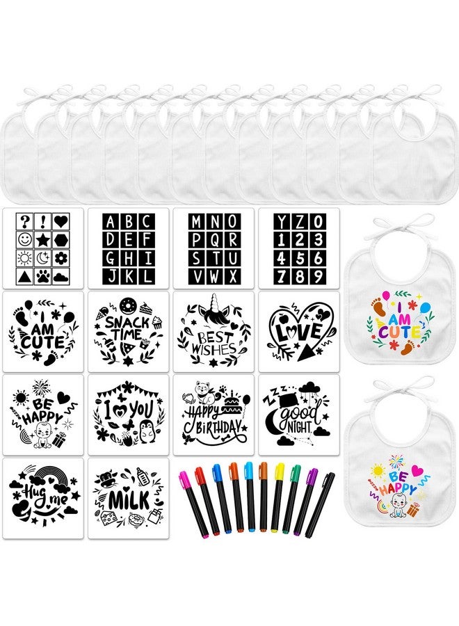 Jutom 38 Pcs Diy Baby Bibs Decorating Kit 14 Bibs 14 Stencils 10 Fabric Markers 2 Ply Feeder Bibs Design Bib For Shower Games(White)  - Image 1