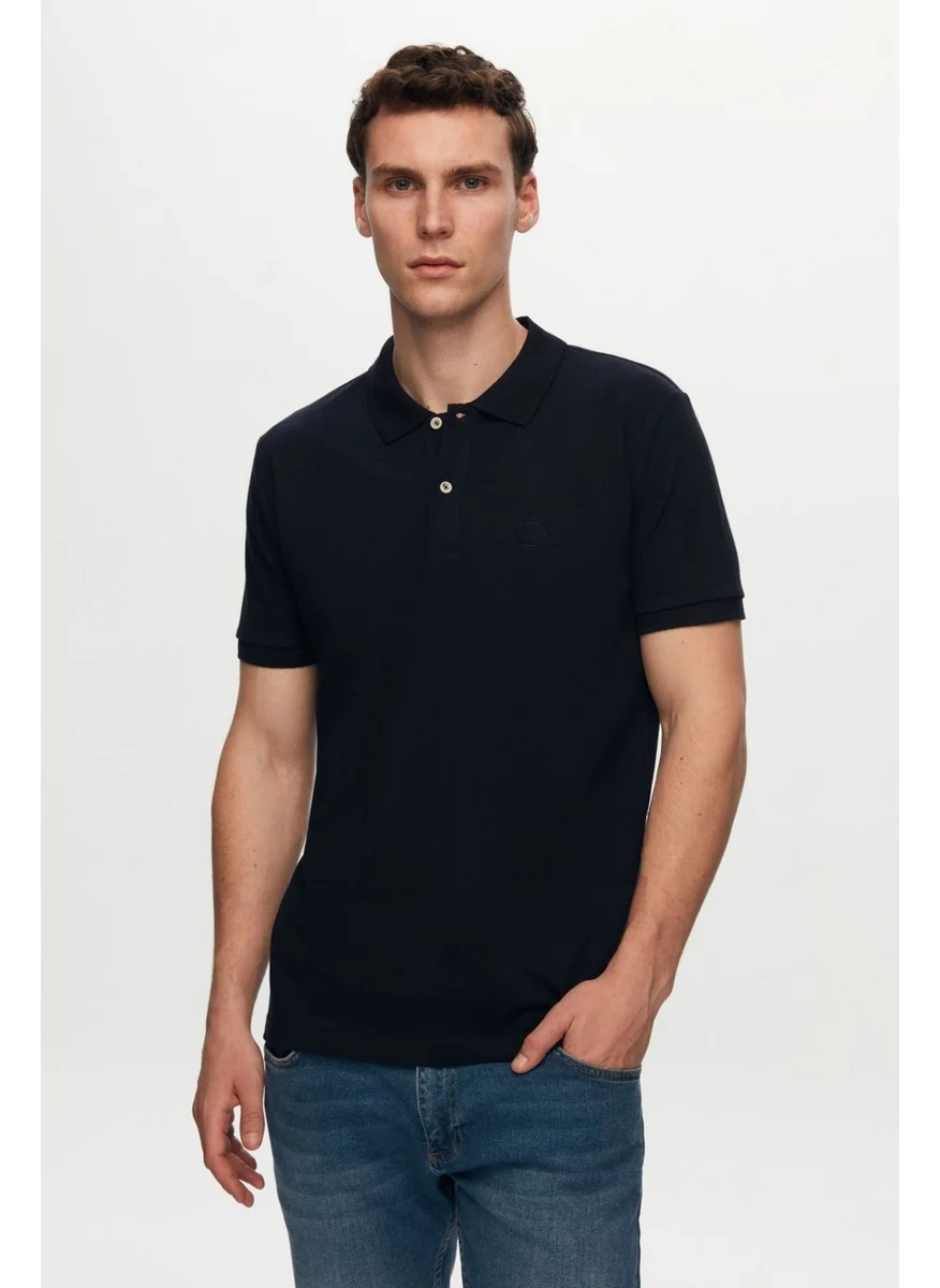 D'S DAMAT Regular Fit Navy Blue Pique Textured 100% Cotton Non-Curl Polo Collar Embroidered T-Shirt 6HC14ORT51000