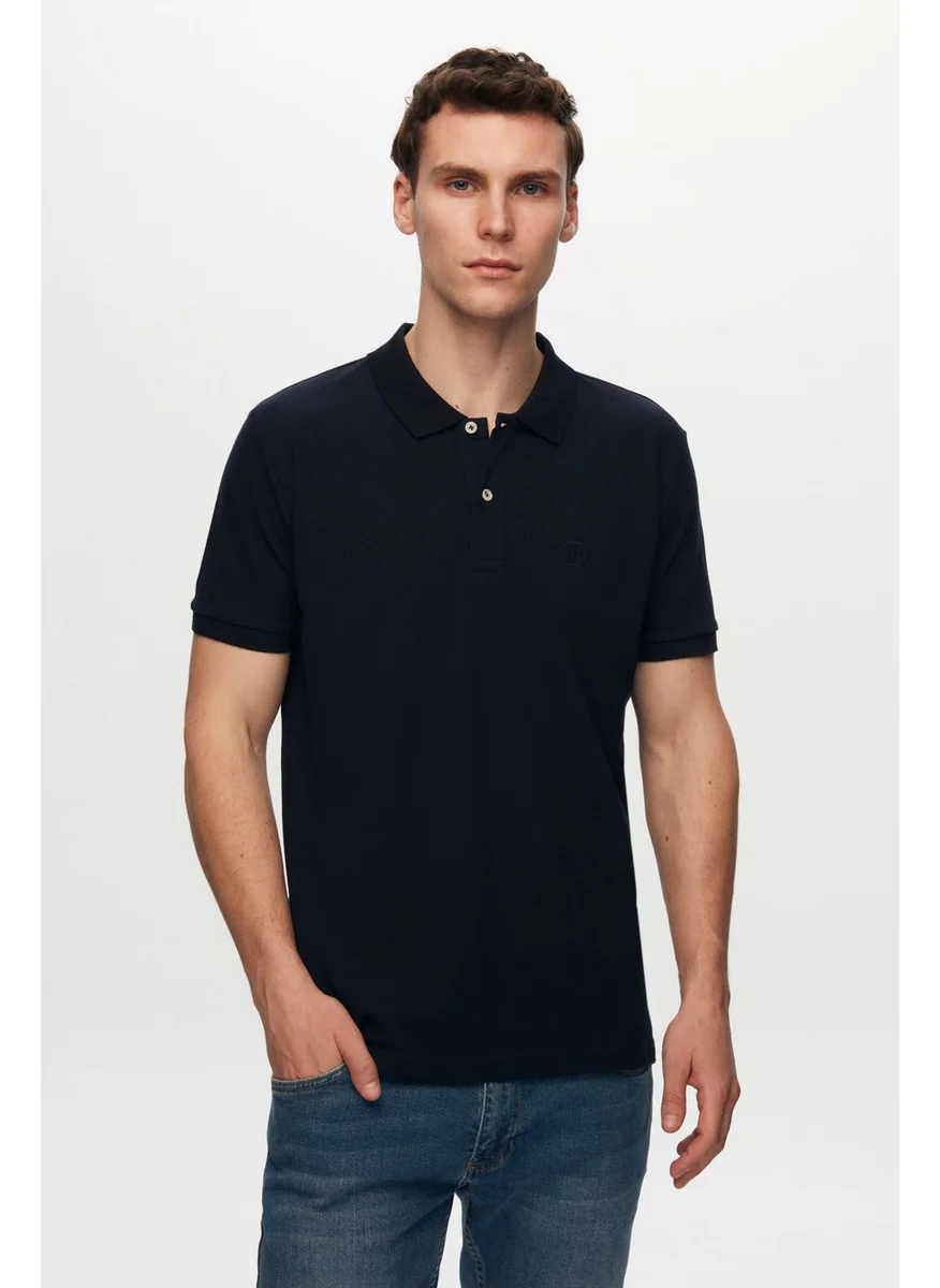 D'S DAMAT Regular Fit Navy Blue Pique Textured 100% Cotton Non-Curl Polo Collar Embroidered T-Shirt 6HC14ORT51000