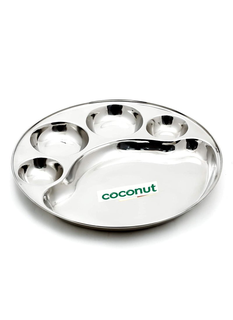 Coconut coconut Stainless Steel Round Plate - 5 Partition Divided, Lunch/Dinner/Bhojan/Thali Plates - 1 Unit - Diameter - 33cm 