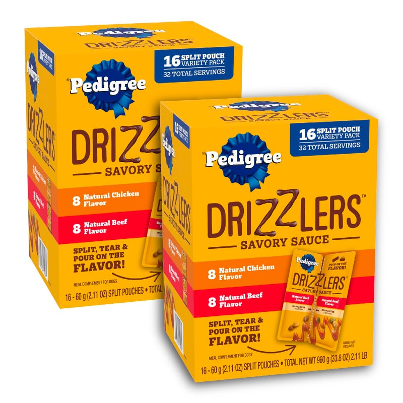 بيديجري طعام الكلاب الرطب Pedigree Drizzlers بنكهة الصلصة اللذيذة، عبوة متعددة، 60 غرام، أكياس تقديم مزدوجة، 16 كيس، عبوة من قطعتين (32 كيس، 64 حصة إجمالاً) - Image 1