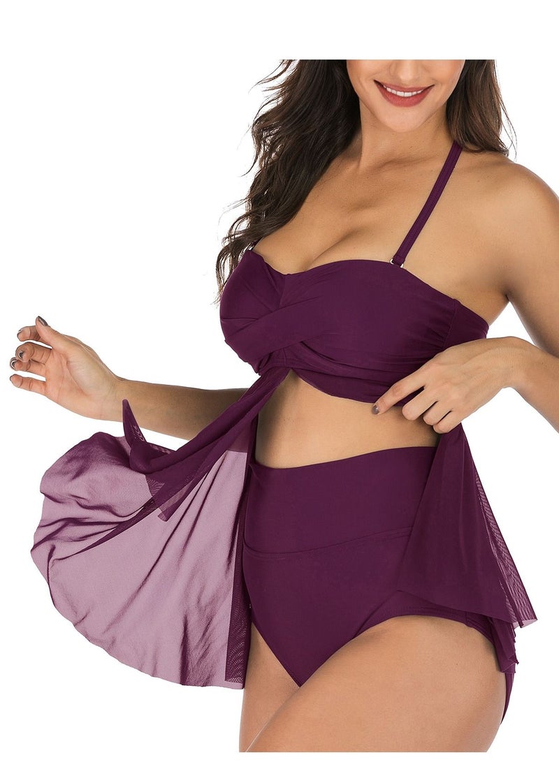Loquat Dark purple solid color swimsuit split type halterneck swimsuit lady bikini - Image 3