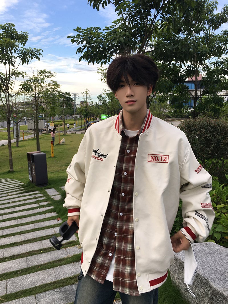 American Retro Street Pu Leather Baseball Suit Men'S And Women'S Fashion Brand Hip Hop Embroidered Loose Couple Casual Leather Jacket - Image 1