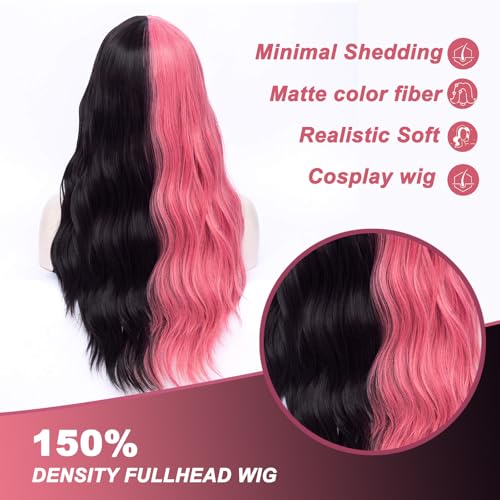MORTICIA Long Loose Wavy Half Pink and Half Black Full Bang Wig - Image 3