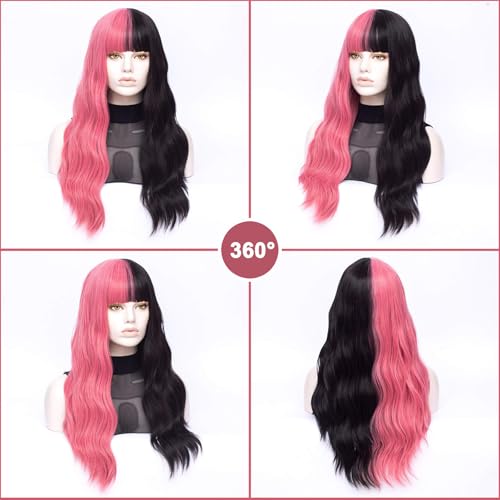 MORTICIA Long Loose Wavy Half Pink and Half Black Full Bang Wig - Image 4