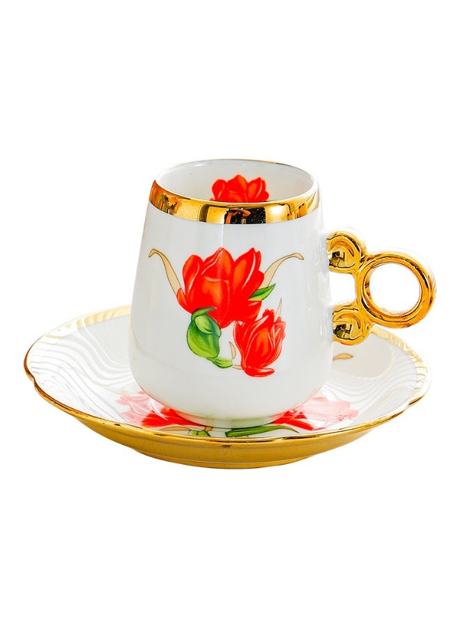 European Floral Ceramic Coffee Cup And Saucer Set, Gold Rim Tulip Pattern Porcelain Tea Cups, Luxury Decorative Drinkware Set For Home Guest Serving - Image 1