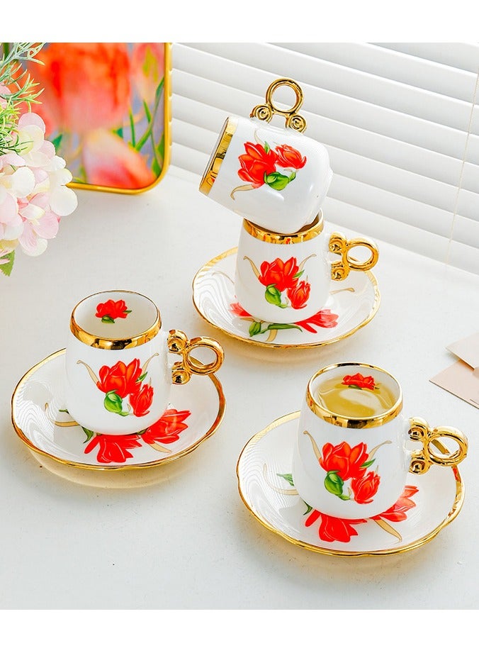 European Floral Ceramic Coffee Cup And Saucer Set, Gold Rim Tulip Pattern Porcelain Tea Cups, Luxury Decorative Drinkware Set For Home Guest Serving - Image 2