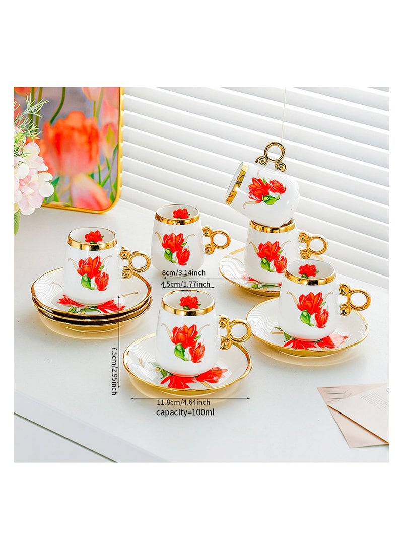 European Floral Ceramic Coffee Cup And Saucer Set, Gold Rim Tulip Pattern Porcelain Tea Cups, Luxury Decorative Drinkware Set For Home Guest Serving - Image 4