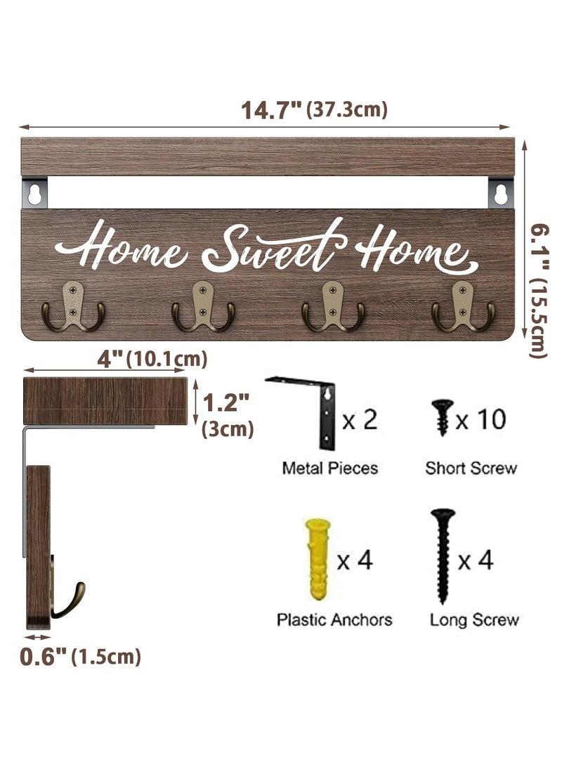 LOOPITYS Wall mounted key and mail rack, wooden key rack with 4 double key hooks, home decoration for entrance - Image 4