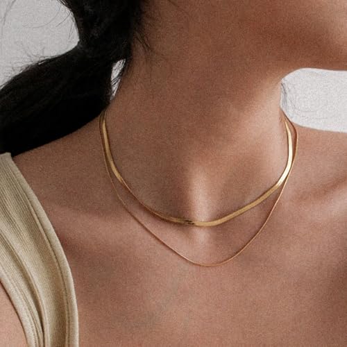 Krfy Gold Chain Necklace for Women Trendy - 925 Sterling Silver Clasp Dainty Choker Necklace 14K Gold Plated Thin Simple 3mm Herringbone Necklace Non Tarnish Waterproof Gold Jewelry for Women 14 inch - Image 4