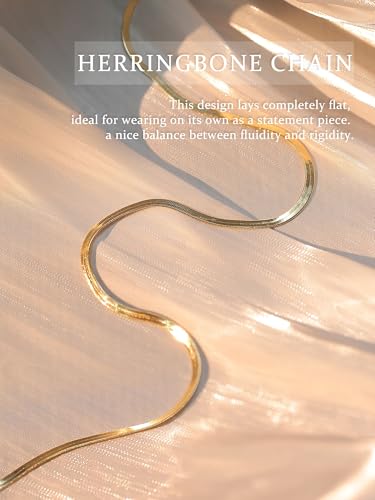 Krfy Gold Chain Necklace for Women Trendy - 925 Sterling Silver Clasp Dainty Choker Necklace 14K Gold Plated Thin Simple 3mm Herringbone Necklace Non Tarnish Waterproof Gold Jewelry for Women 14 inch - Image 2