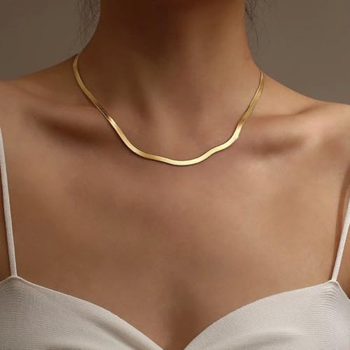Krfy Gold Chain Necklace for Women Trendy - 925 Sterling Silver Clasp Dainty Choker Necklace 14K Gold Plated Thin Simple 3mm Herringbone Necklace Non Tarnish Waterproof Gold Jewelry for Women 14 inch - Image 3