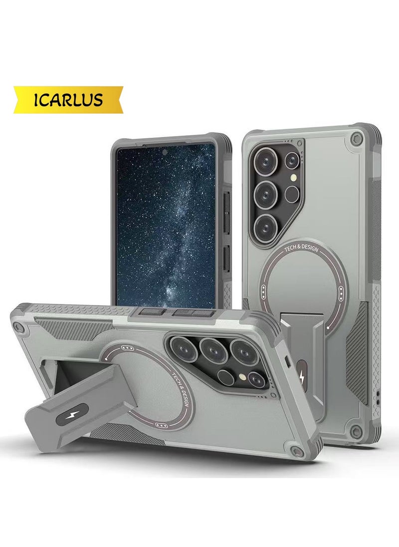 ICARLUS For Samsung Galaxy S25 Ultra with Kickstand Compatible with MagSafe Dual Laye Drop Proof Phone Case Stand Grey  - Image 1