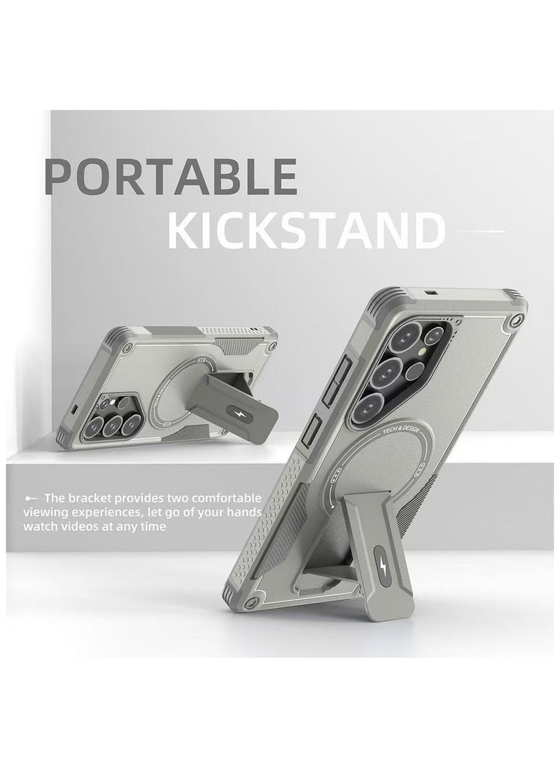 ICARLUS For Samsung Galaxy S25 Ultra with Kickstand Compatible with MagSafe Dual Laye Drop Proof Phone Case Stand Grey  - Image 3
