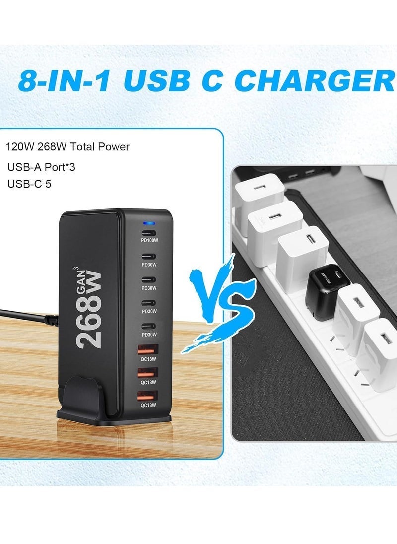 MUNTAQI Multi USB Charger, 268W USB C Fast Charger 8-Port Charging Station Portable USB And Type C Charging Station, Wall Charger Power Strip Adapter 268W Gan USB Type C Fast Charger, Multiple Use UK Plug Black - Image 5