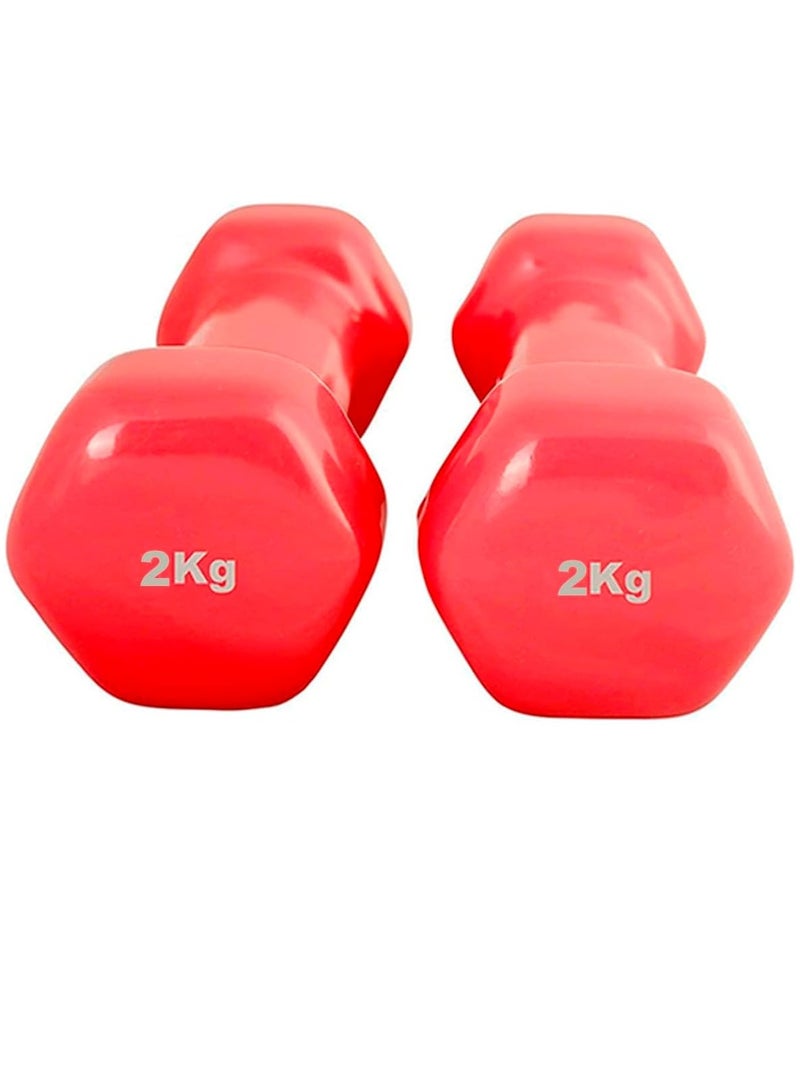 مجموعة من دمبل وأوزان يدوية مكونة من قطعتين - دمبل مغطى بالفينيل للتمرين واللياقة البدنية للاستخدام في صالة الألعاب الرياضية المنزلية، وتدريبات القوة، وأوزان حرة للنساء والرجال (أحمر، 2 كجم × 2) - Image 2
