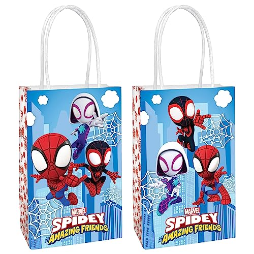 Amscan Printed Paper Kraft Bags - 8.25" x 5.25" x 3", 8 Pieces - Perfect for Parties, Gifts & Goodies, Spidey & His Amazing Friends - Image 1