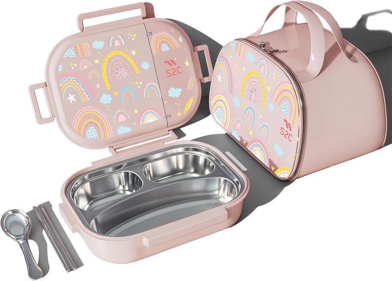 S2C Stainless Steel Kids Lunch Box | Bento-Style Tiffin with Leak-Proof Lid & Insulated Bag | Cute Designs for School & Travel | Large 1600ML Capacity (RAINBOW, 3 COMPARTMENT) - Image 1
