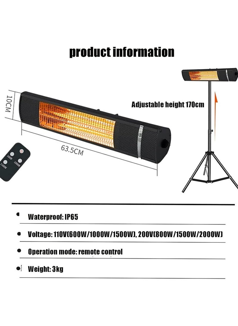 Patio Electric Patio Heater, 2000W Outdoor Infrared Heater, Ceiling/Wall Mounted Outdoor Patio Heater Comes with Tripod Stand, Remote Control, Black  - Image 3